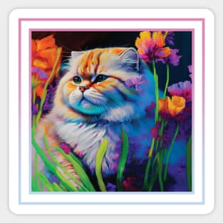 Tiny Tiger Persian Cat Vibrant Tropical Flower Digital Oil Painting Portrait Sticker